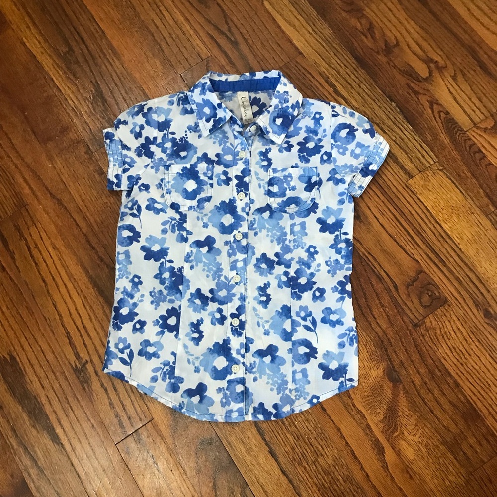 Cherokee Blue Flower Floral Print Blouse 
Size Small 6 / 7 
Hawaiian Button Down - Picture 9 of 12